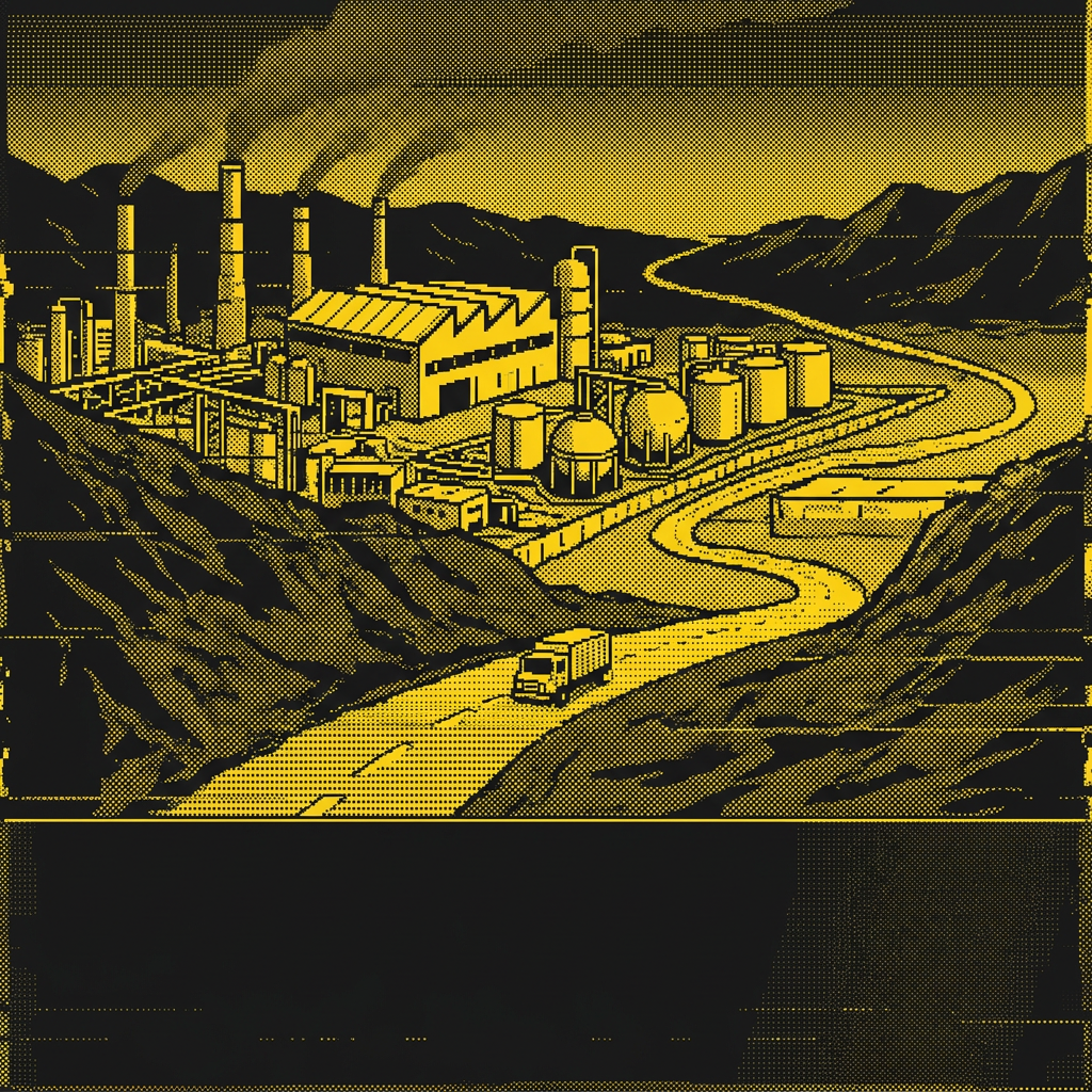 Illustration tramée d’un site industriel avec un camion sur la route qui en part